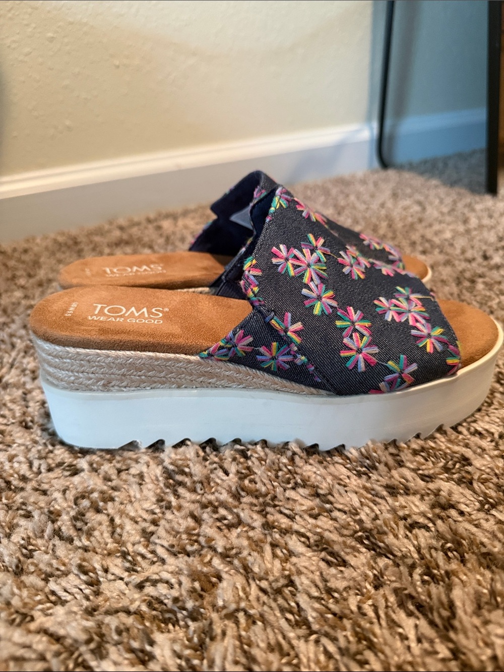 TOMS Denim Embroidered Platform Slide with Multicolor Floral Accents
